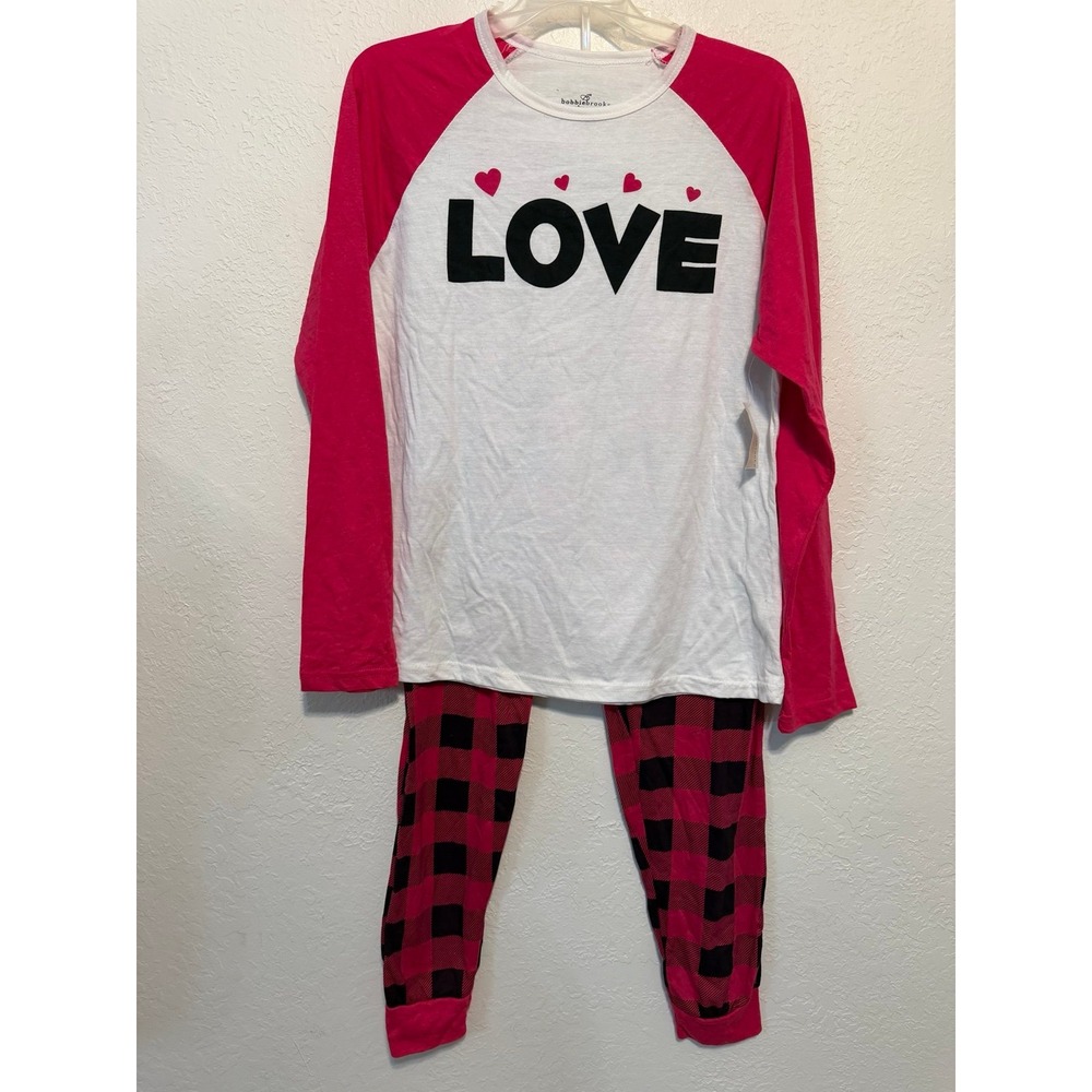 Bobbie Brooks Womens Pajama Set‎ Pink White Love Buffalo Plaid Sleepwear Large